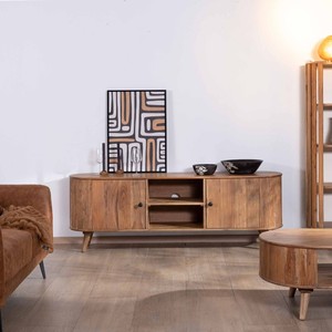 Meuble TV style Vandana Ivory, grand modèle 175 cm, design vintage arrondi, en bois d'acacia massif Boomer, avec 2 portes et 2 niches - Product Image 4