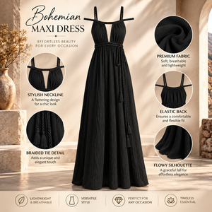 Vestido maxi negro fluido con cuello halter y lazo para mujer |   Vestido Boho sin Mangas con Cuello en V Profundo para Vacaciones en la Playa y Fiestas de Verano - Product Image 5
