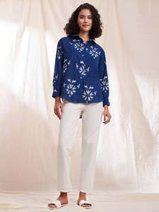 Navy Blue Floral Print Long <b>Sleeve</b> With Turn-down Collar Loose Fit Casual Daily Wear Spring Woven Linen Cotton Top - Product Image 1