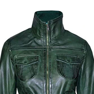 Blouson aviateur en cuir vert de haute qualité OEM pour femmes grande taille style hiver léger avec fermeture à glissière en vente au Pakistan - Product Image 3