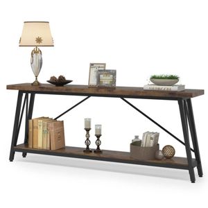 Mesa Consola de 2 Niveles de Madera Maciza de Acacia Natural con Estructura de Metal Negro para Sala de Estar, Entrada, Pasillo, Muebles para el Hogar - Product Image 1