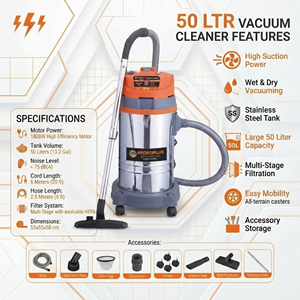 เครื่องทำความสะอาดแบบเปียกและแห้ง HYDROPLUS INTERNATIONAL HYDROVC50 ความจุ 50 ลิตร กำลังดูดสูง 1800 วัตต์ แรงดัน 200 บาร์ สำหรับทำความสะอาดรถยนต์ โซฟา ผ้าม่าน พรม พร้อมอุปกรณ์เสริม - Product Image 4