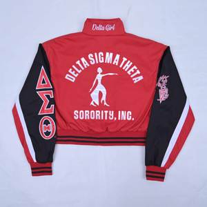 Veste de survêtement personnalisée de qualité supérieure avec logo, coupe courte, rouge et noir, fermeture éclair, style universitaire, pour femmes - Product Image 2