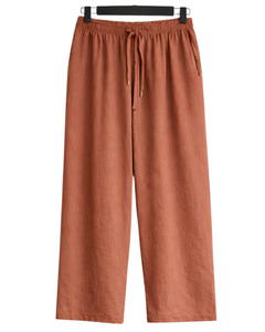 Conjunto de pijama de lino y algodón para mujer, color beige y rojo óxido, camisa con botones y bolsillo en el pecho y pantalones con cordón, ropa de dormir informal - Product Image 2