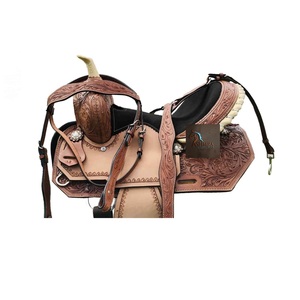 Tan Leather Western Barrel Horse Saddle Floral Hand Carved Padded Suede Seat Designer Conchos SS Fitting With Tack Set 10"-18" - Product Image 3