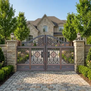 Luxury Grey Powder Coated Wrought Iron Double <b>Swing</b> Main Gate Rose Gold Floral Scrollwork Modern Villa Home Entrance Security - Product Image 5