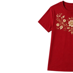 เสื้อยืดคอกลมสีเบจปักลายดอกไม้สีแดงสำหรับผู้หญิง แขนสั้น ผ้าฝ้าย สไตล์ลำลอง รับผลิตตามแบบ OEM คุณภาพพรีเมียม แฟชั่นฤดูร้อน - Product Image 3
