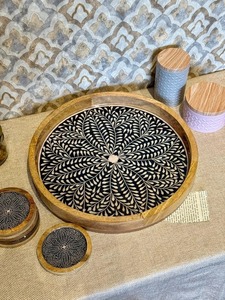 Black Leaf <b>Round</b> <b>Tray</b> Mangowood <b>Round</b> Wood Serving <b>Tray</b> with Handles Decorative Serving <b>Tray</b> Platter - Product Image 6