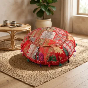 Housse de coussin de sol ronde brodée, patchwork en coton, coussin de méditation - Product Image 1