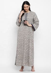 Floral Gris Ecológico 100% Algodón Lounge Wear Dibujado a mano Impreso Cremallera Detalle Lavable Cómodo Media manga Hasta el suelo - Product Image 2