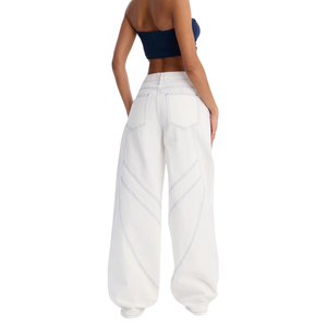 <b>Womens</b> <b>White</b> Wide Leg <b>Jeans</b> Mid Waist Casual Regular Fit Denim Pants Breathable 100% Cotton Contrast Stitching Button Front Full - Product Image 2