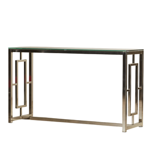 Table console avec plateau en verre, design géométrique élégant, finition chromée en acier inoxydable, structure métallique, table d'entrée, table de salon - Product Image 1