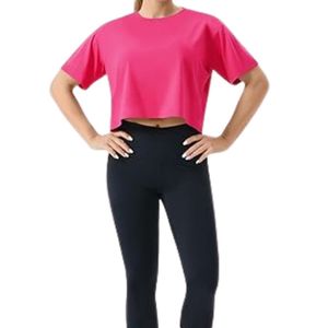 Hot Pink Oversized Women Yoga Crop Tops Cotton Blend Drop Shoulder Soft Touch Wholesale Garments - Product Image 4