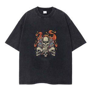 Regular Fit Men's Black T-Shirt with Skull and Tropical Print Short Sleeve O-Neck Street Style Jersey Cotton 320g Gear - Product Image 2