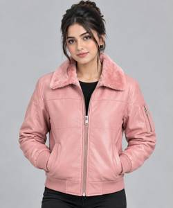 Pink Genuine Leather Winter Solid Woven Jacket for <b>Women</b> <b>Sherpa</b> Lined Bomber <b>Coat</b> Zip up Collar Casual Wear - Product Image 1