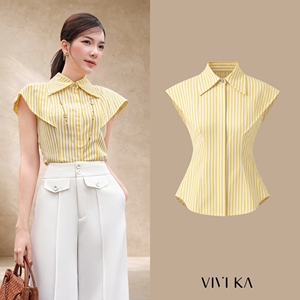 เสื้อเชิ้ตแขนสั้นลายทางสีเหลืองสำหรับผู้หญิง เสื้อเชิ้ตคอปกติดกระดุม ดีไซน์หรูหราสำหรับฤดูใบไม้ผลิและฤดูร้อน MADGE - Product Image 1