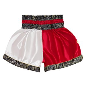 Pantalones Cortos de Muay Thai para Hombre, Rojos y Blancos, Satinados, Bordados con Diseño Paisley, Cintura Alta, Cierre Elástico, Estilo Deportivo - Product Image 2