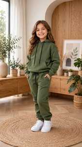 Ensemble de survêtement à capuche vert olive pour filles, manches longues, couleur unie, sweat-shirt et pantalon décontractés avec poches latérales, 100% coton, automne - Product Image 5