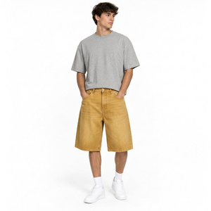 Custom Men's Straight Leg Denim Jorts Cotton <b>Jean</b> Shorts With Light Wash Finish Knee Length Cut Graphic Detail And Streetwear - Product Image 3