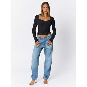 Foxa เสื้อครอปแฟชั่นฤดูใบไม้ร่วง2025สำหรับผู้หญิงราชินีชุดออกกำลังกายแขนยาวน่ารักคอหวานใจ - Product Image 2