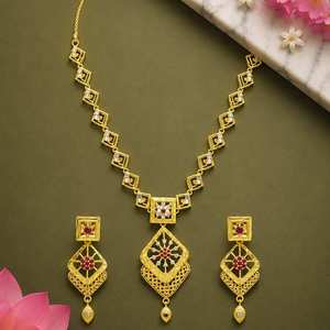 สร้อยคอทองชุบไมครอน 14K 18K 24K ประดับพลอย AD และทับทิม ดีไซน์แบบดั้งเดิม ชุดเครื่องประดับเจ้าสาวแฟชั่น ขายส่ง - Product Image 2