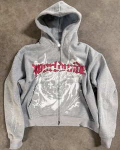 Custom Oversized Grey <b>Zip</b> Up Hoodie Gothic Graphic Print French Terry Cotton Streetwear Full <b>Zip</b> <b>Hooded</b> Sweatshirt for Men - Product Image 1