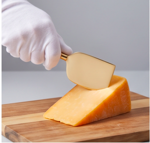 Juego de 3 cuchillos para queso con hoja de acero inoxidable dorado y mango de resina naranja marmoleada, perfecto para uso doméstico. - Product Image 4