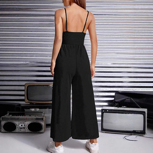 Combinaison décontractée sans bretelles pour femme avec empiècements contrastants, col carré, pantalon large, en polyester, ensemble de yoga longueur intégrale printemps/été - Product Image 3