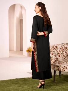 Beaded Embroidered Floor-Length Regular Fit Salwar Kameez Set <b>Black</b> <b>Pakistani</b> <b>Dress</b> Chanderi Fabric Neckline Sleeve Hem Detail - Product Image 2