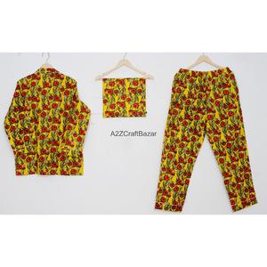 Conjunto de Pijama de Manga Larga con Estampado Floral 100% Algodón, Estilo Vacacional para Mujer, Hecho a Mano, con Cintura Elástica para el Verano - Product Image 4