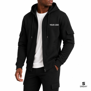 Sweat-shirt à capuche zippé noir pour homme, coupe classique, couleur unie, doublure polaire 100% coton, décontracté, hiver, avec poches, motif thermocollé - Product Image 3