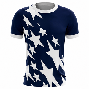 Camiseta de Manga Corta Azul para Hombre, Cuello Redondo, Estilo Casual, Estampado de Estrellas Blancas, Patrón Geométrico, Tejido de Punto Jersey, Transpirable, Corte Regular - Product Image 6