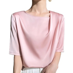 T-shirt décontracté uni à manches courtes et col en V pour femme, en coton 100 % respirant, tissu dobby, 220 g, tricoté, coupe régulière, printemps-été - Product Image 2