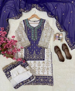 Women Designer Salwar Kameez Set Blue White Embroidered Silk Traditional Ethnic Wear <b>Floor</b> Length Wedding Outfit 83869 LC 1460 - Product Image 4