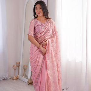 New Designer Summer Collection Indian Sarees with Heavy Real <b>Beads</b> Moti & <b>Threads</b> Work and Blouse for Parties and Wedding Wear - Product Image 1