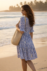 เดรสสั้นทรงเอพิมพ์ลายผ้าฝ้ายรักษ์โลกสำหรับผู้หญิง สไตล์โบฮีเมียนลำลอง แขนสั้น ทรงพอดีตัว ชายกระโปรงบาน เหมาะสำหรับงานปาร์ตี้ฤดูใบไม้ผลิและฤดูร้อน ลายดอกไม้ - Product Image 1