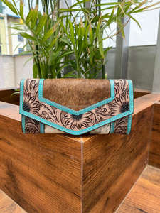 Bolso grande turquesa de cuero repujado a mano más vendido y conjuntos combinados de billetera de cuero con pelo occidental para mujer - Product Image 4