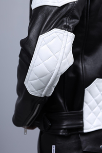 Blouson de motard en cuir bicolore pour homme avec fermeture éclair asymétrique, options de panneaux contrastants et de passepoil, col large et taille ceinturée, style Perfecto - Product Image 3
