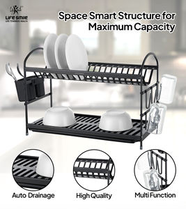 Escurridor de Platos y Tazones de Dos Niveles LIFE SMILE, Organizador de Platos de Cocina, Aluminio Negro de Alta Calidad, Fácil de Montar - Product Image 2