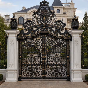 Portail de Mansion en Fer Forgé Noir et Or Royal, Ornements Décoratifs, Portail Double d'Entrée de Luxe avec Piliers Blancs et Design de Lampes - Product Image 1