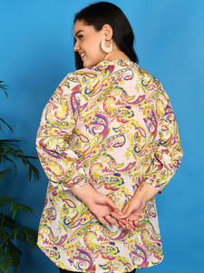 Kurti Corto de Poliéster con Estampado de Mármol, Cuello Mandarín, Pliegues Pintuck, Manga Tres Cuartos, con Dupatta con Estampado Floral, Ropa para Mujer - Product Image 5