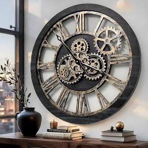 Horloge murale ronde vintage en bois d'orme industriel avec engrenages, art steampunk en cuivre et fer forgé par Aqudus Saleem 60x60x6 cm - Product Image 2