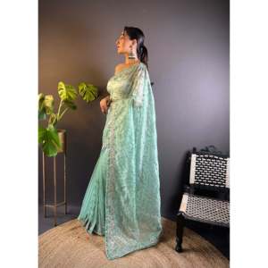 Sari de noche de diseñador para fiestas con Bordado de hilo de lentejuelas - Product Image 2