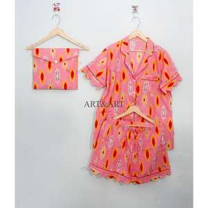 Conjunto de Pijama Corto de Algodón para Mujer, Ligero, Transpirable, de Verano, con Botones de Encaje, Estampado a Mano Indio - Product Image 6