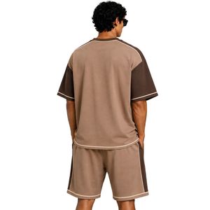 Mocha Brown <b>Mens</b> Oversized T <b>Shirt</b> And Shorts Set Dark Brown Contrast Sleeves Custom Logo Crew Neck Casual Streetwear Wholesale - Product Image 2