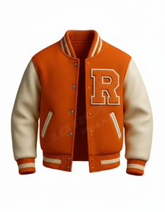 Blouson Bomber Unisexe Personnalisable Lettre « R » – Style Letterman Orange & Crème avec Patch Chenille pour Équipes et Marques - Product Image 2