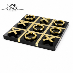 <b>Brown</b> Wooden Tic Tac Toe Board Game With Brass Gold Cross And Ring Pieces Square Shape Glass Top <b>Storage</b> <b>Box</b> Decor Set - Product Image 3