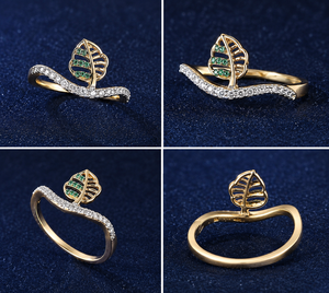 Women's 14K solid Gold Ring Crystal Rhinestone Lab Created Pave Band Inlay Leaf Design Glam Fashion Daily Use Ring - Product Image 3