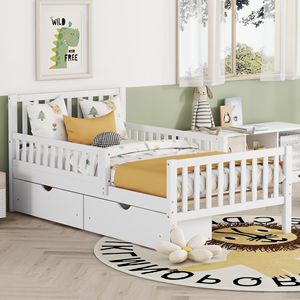 Letto a piattaforma in legno bianco per bambini, misura twin, con sponde su entrambi i lati e due cassetti contenitore - Product Image 2