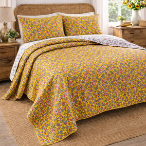 Colcha Reversible 100% Algodón con Estampado de Flores Pequeñas, de Lujo, Ecológica, para Todas las Estaciones, Color Amarillo Brillante, Estampado en Bloques, para Hotel - Product Image 1